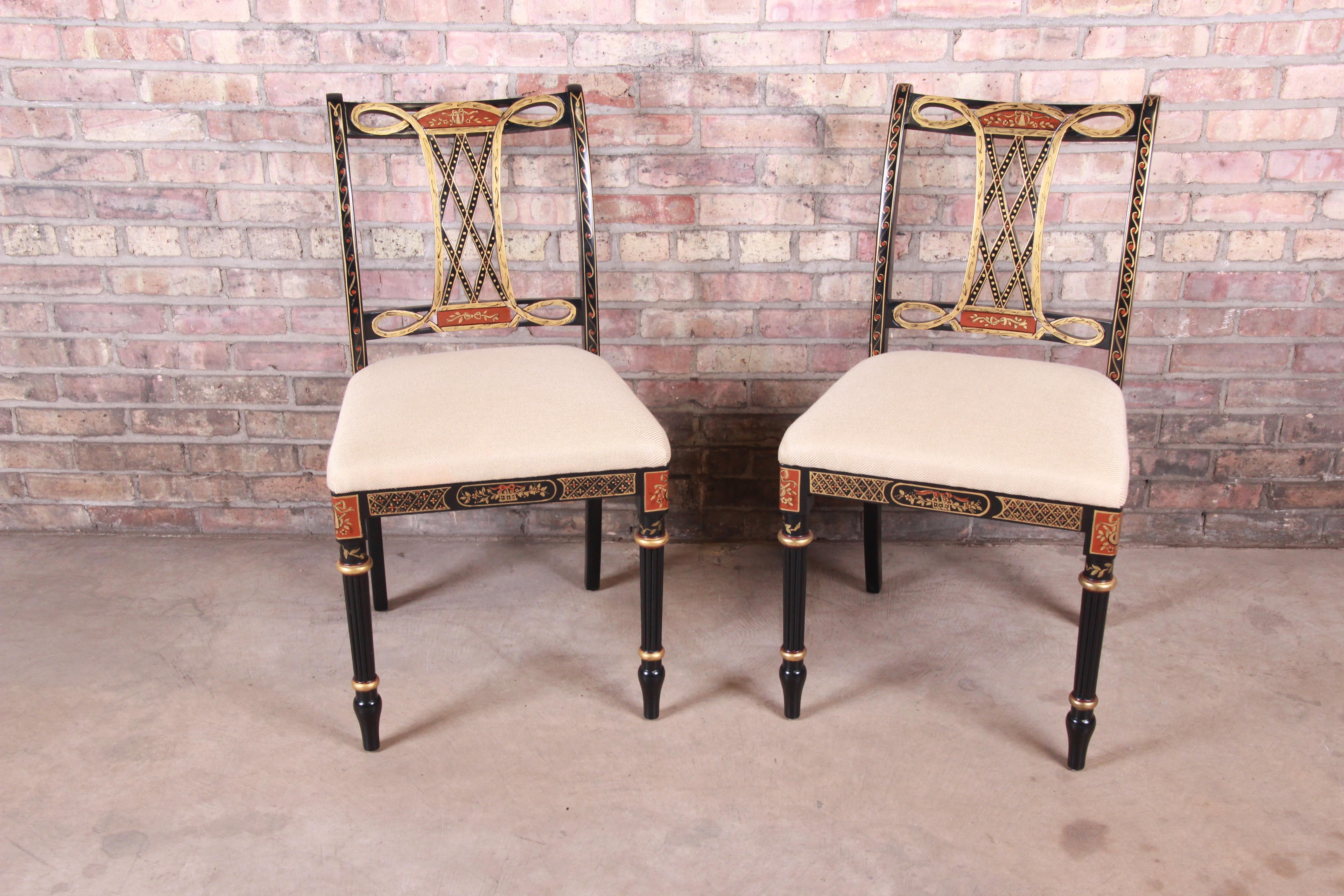 American Councill Regency Ebonized Hand Painted Side Chairs, Pair