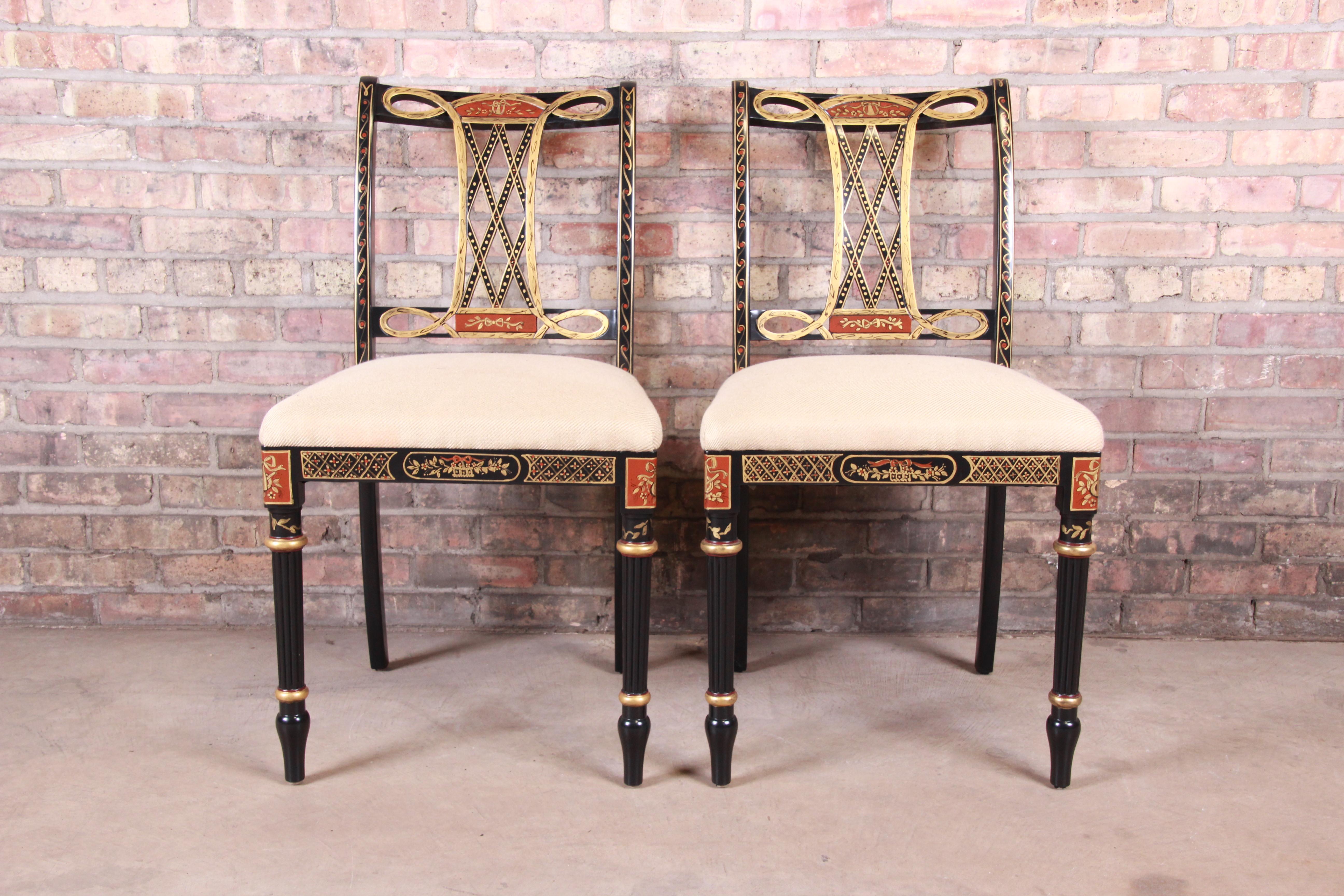 Councill Regency Ebonized Hand Painted Side Chairs, Pair In Good Condition In South Bend, IN