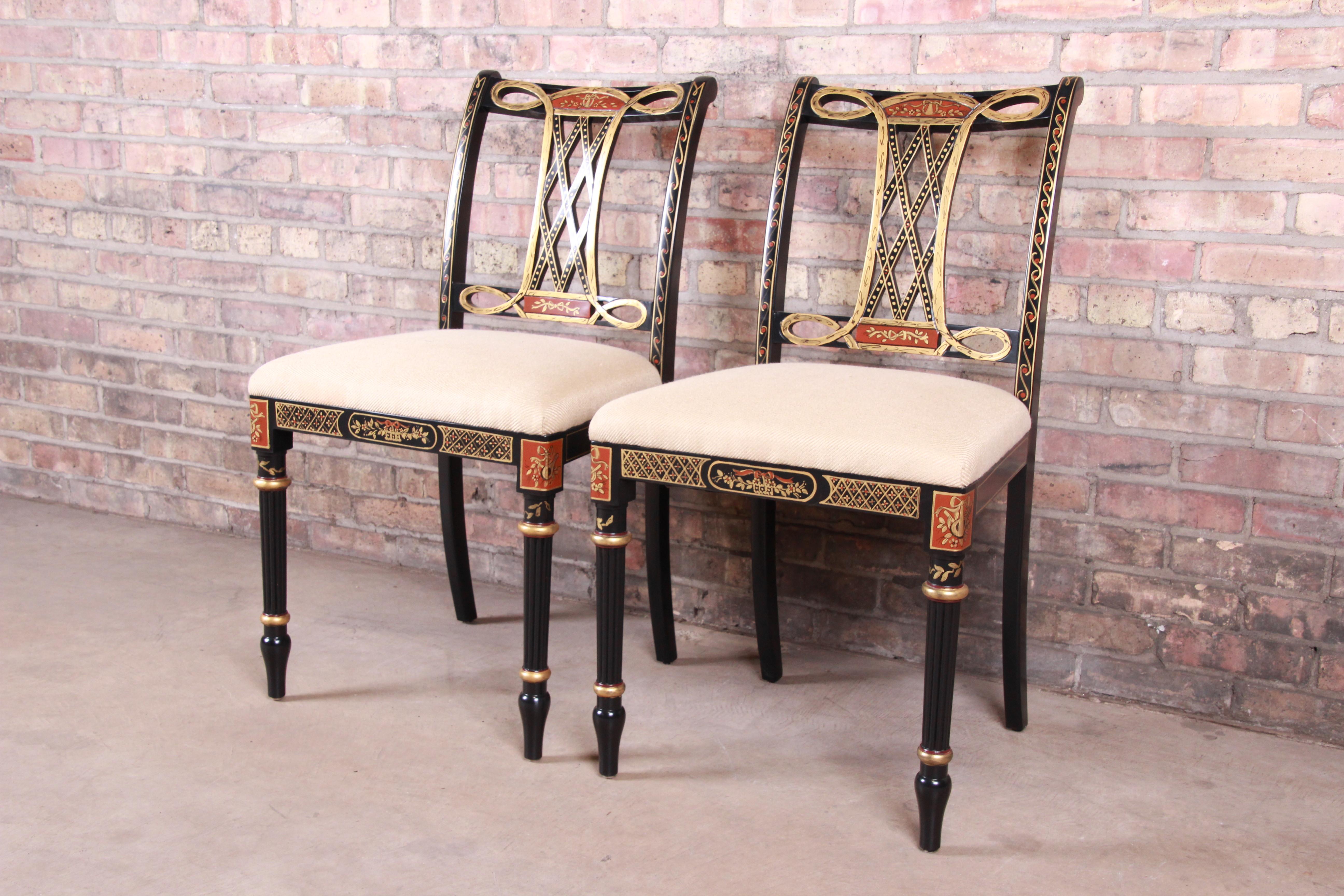 20th Century Councill Regency Ebonized Hand Painted Side Chairs, Pair