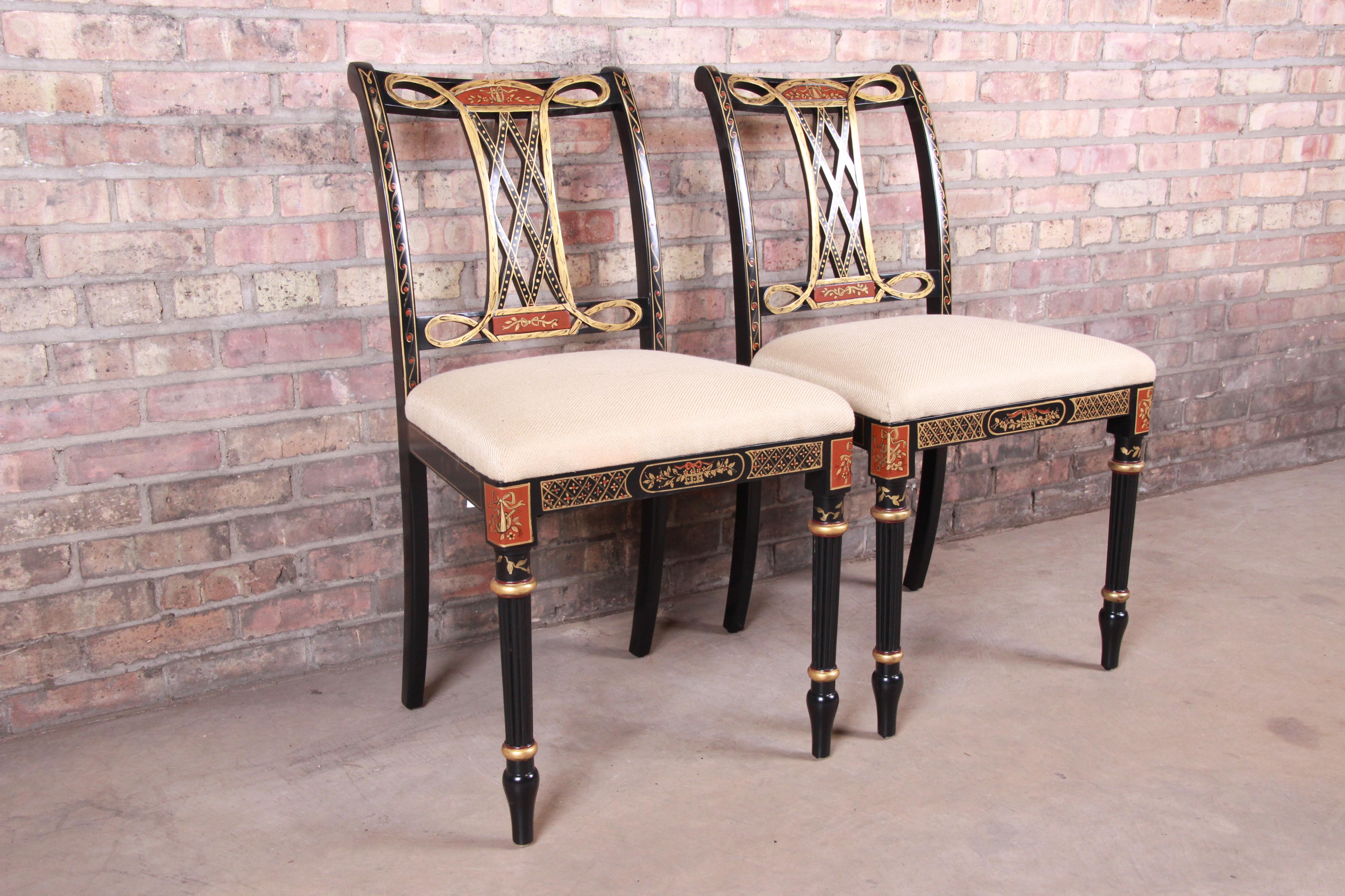 Upholstery Councill Regency Ebonized Hand Painted Side Chairs, Pair
