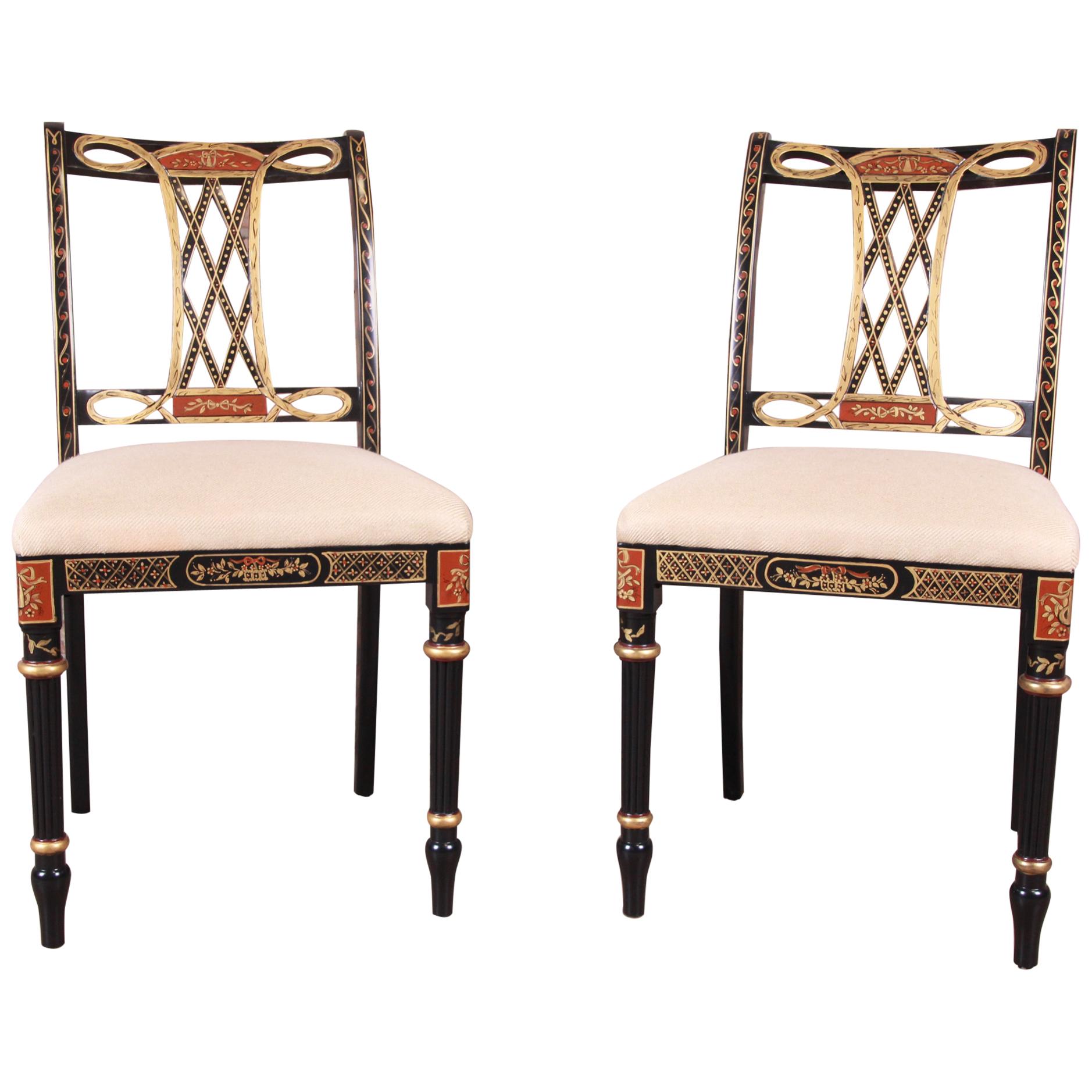 Councill Regency Ebonized Hand Painted Side Chairs, Pair