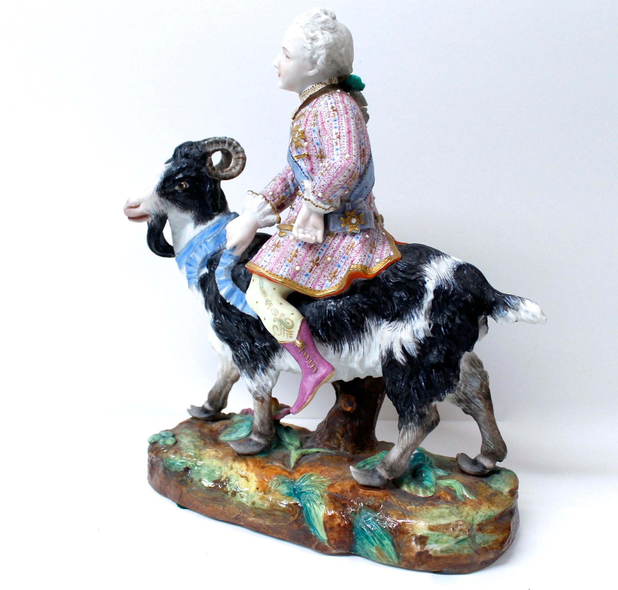 Rococo Count Bruhl's Tailor, 19th C. Bisque Porcelain Goat And Rider By Vion Et Baury For Sale