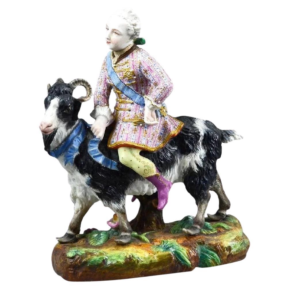Count Bruhl's Tailor, 19th C. Bisque Porcelain Goat And Rider By Vion Et Baury For Sale