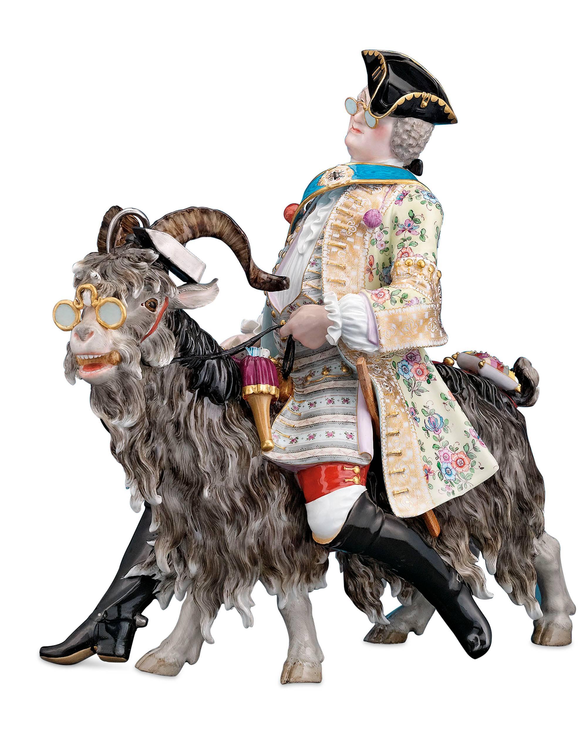 One of Meissen’s more curious pieces, this delightful porcelain statue is entitled “Count Brühl’s Tailor on a Goat,” and is considered by most experts to be one of Meissen's greatest works. Modeled after a design by Johann-Joachim Kaendler