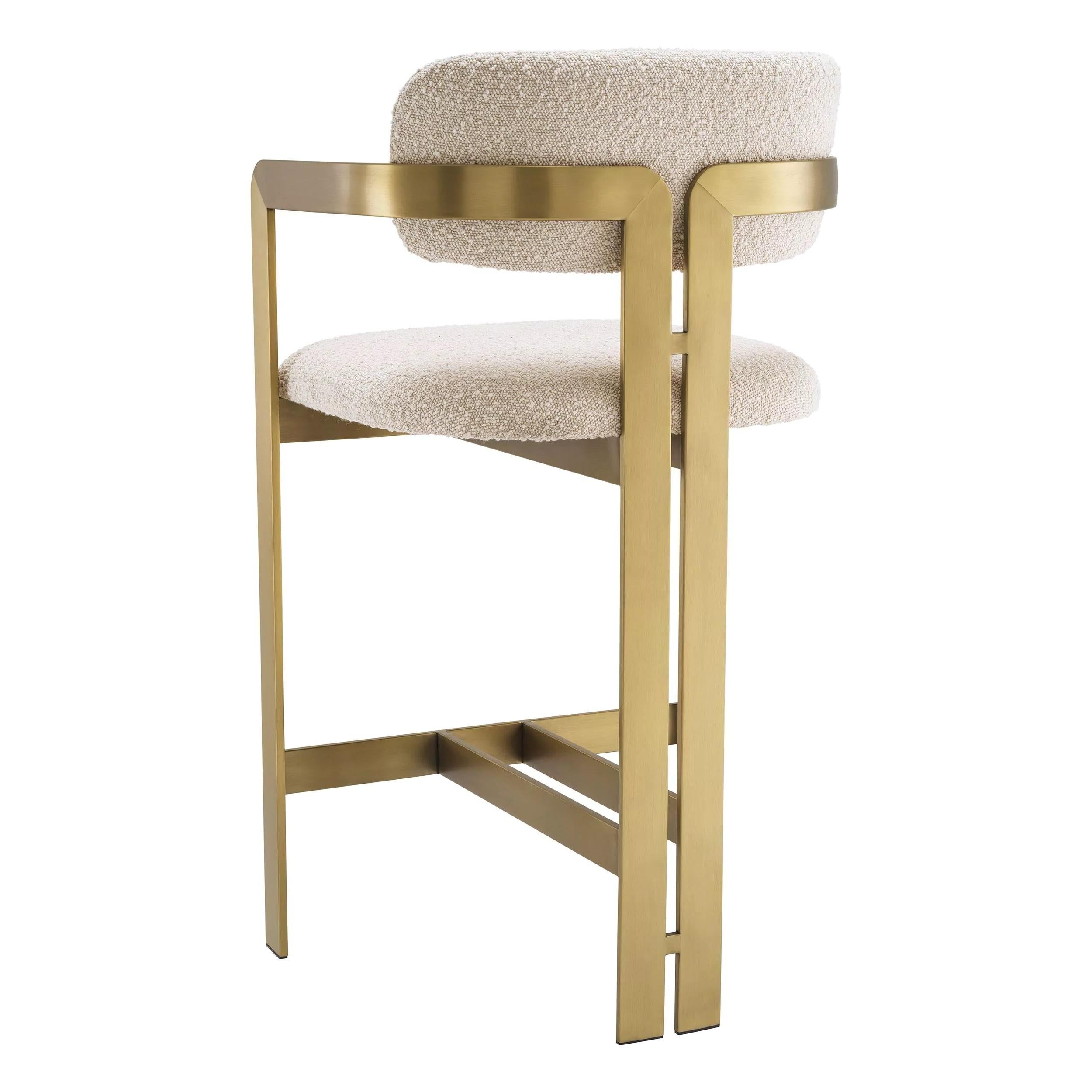 Mid-Century Modern Counter Bar Stool in Bouclé Fabric and Brass Finishes For Sale