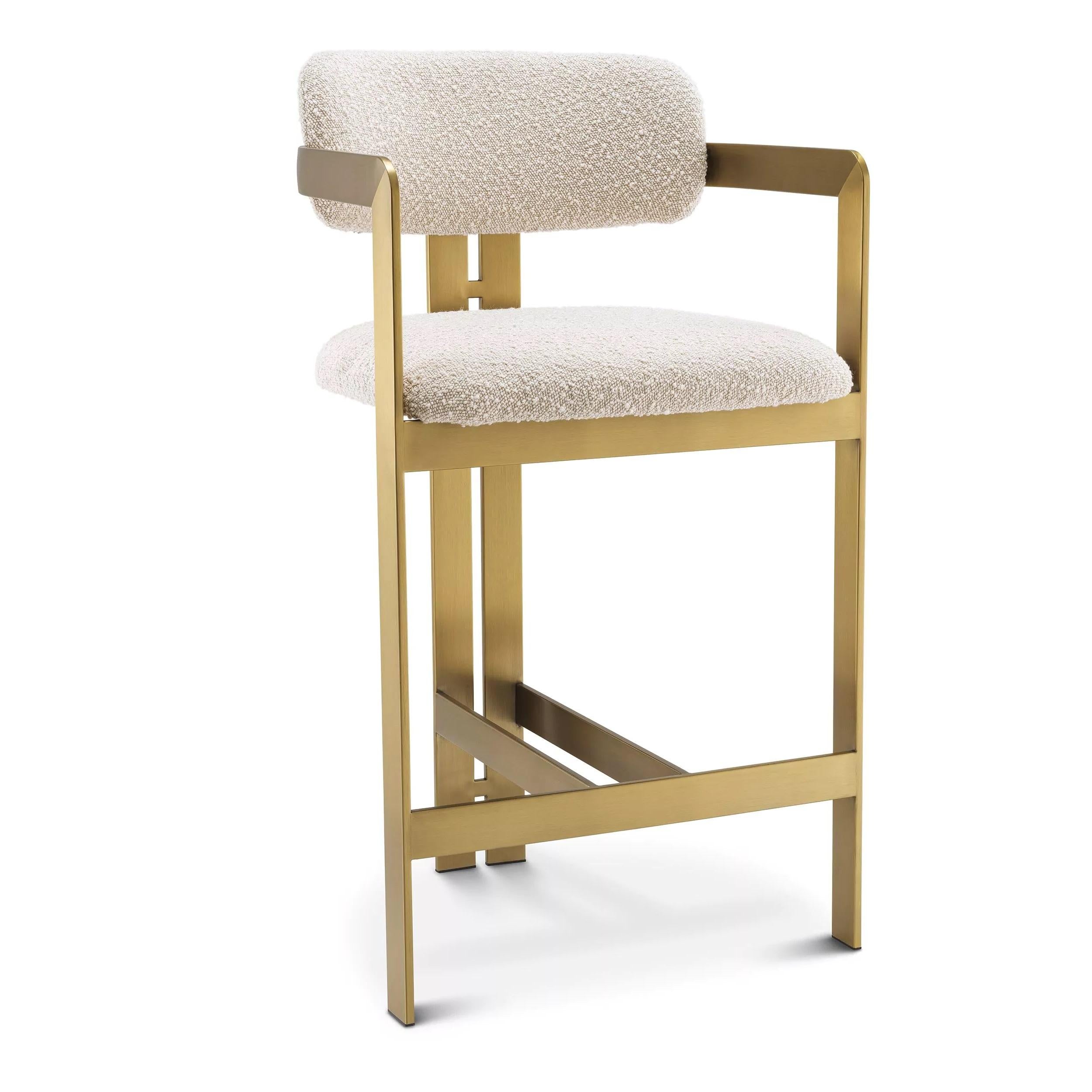 Counter Bar Stool in Bouclé Fabric and Brass Finishes In New Condition For Sale In Tourcoing, FR