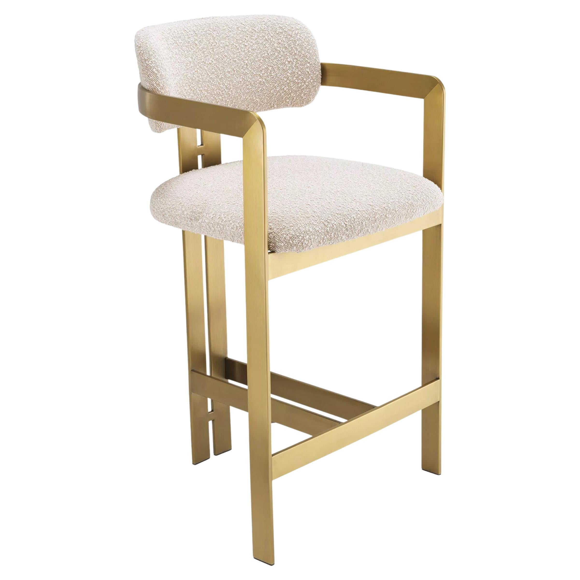 Counter Bar Stool in Bouclé Fabric and Brass Finishes