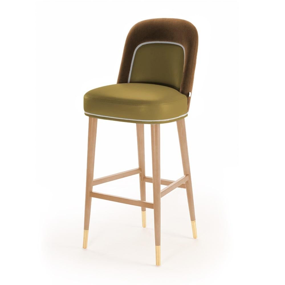 Mid-Century Modern Counter Chair Frida in Solid Wood, Brass and Upholstery New For Sale
