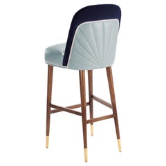 Counter Chair Frida Blue in Solid Wood, Brass and Upholstery New
