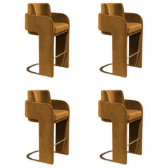 Chaise de comptoir en cuir synthétique et repose-pieds en laiton Odisseia, ensemble de 4 pièces