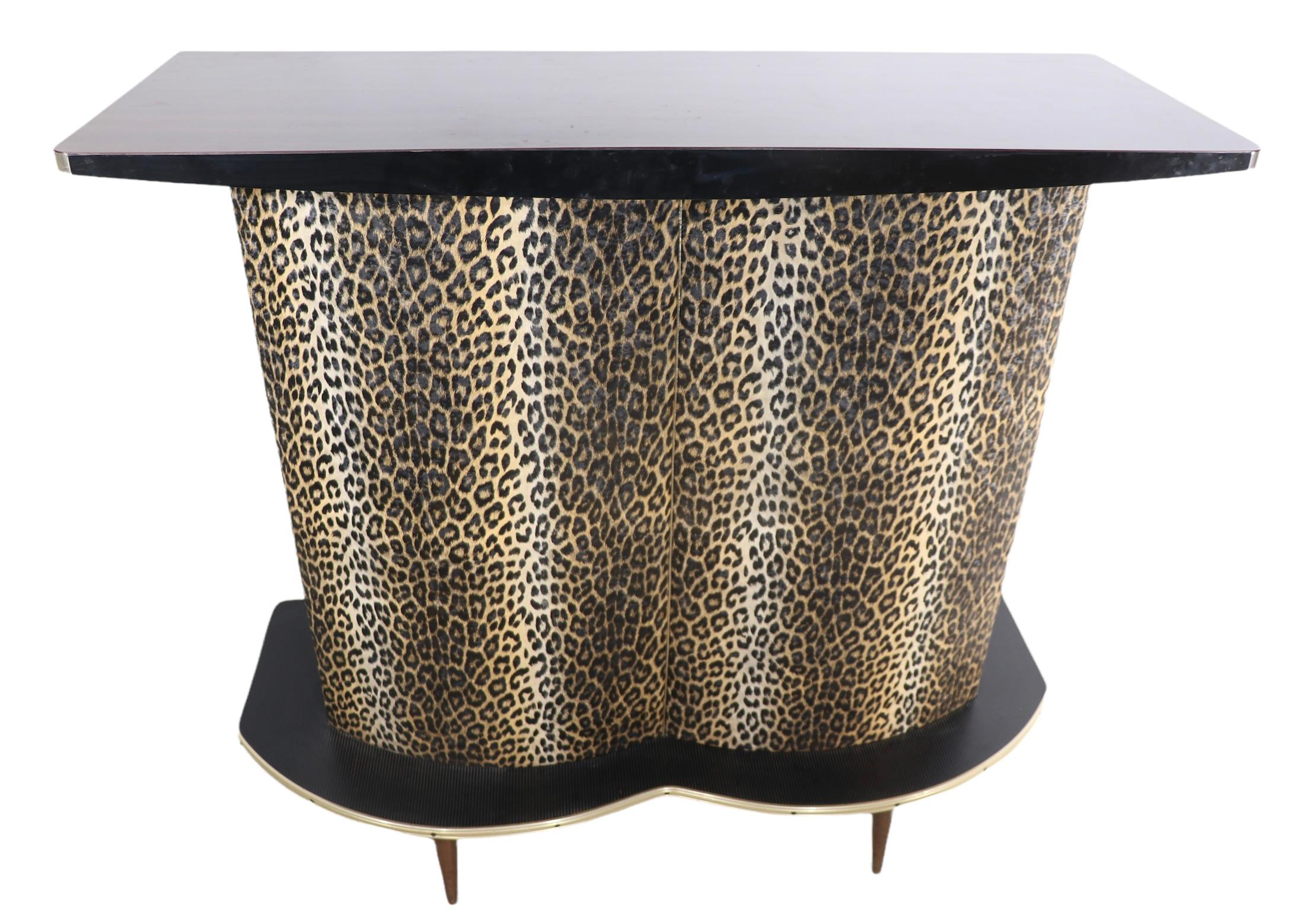 Mid-Century Modern Counter Dry Bar with Matching Stools in Cheetah Vinyl ca 1950/1960's Made in USA