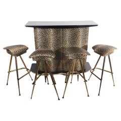 Counter Dry Bar with Matching Stools in Cheetah Vinyl ca 1950/1960's Made in USA