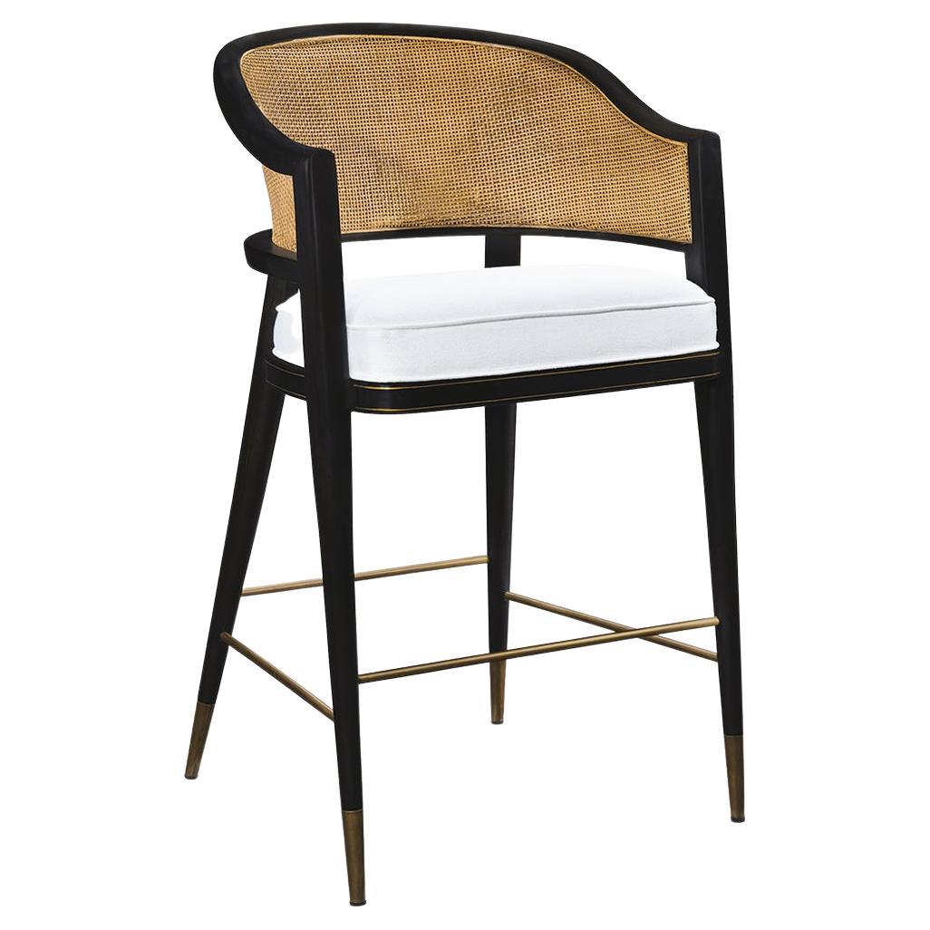 Counter Height Contemporary Lacquered Rattan Barstool with Brass Detailing