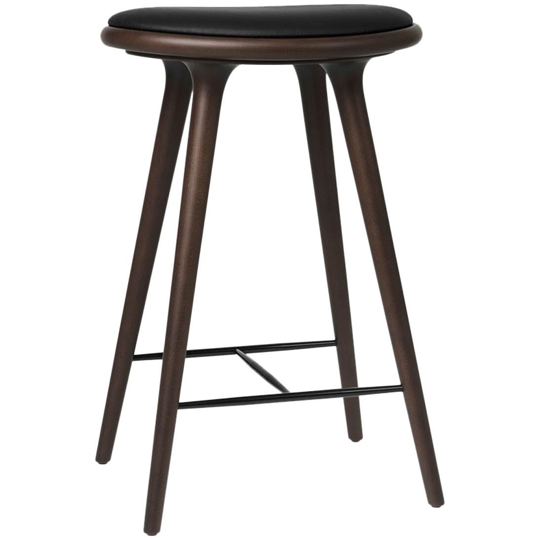 Counter Height High Stool Dark Stained Beech Wood Leather Seat by Mater Design