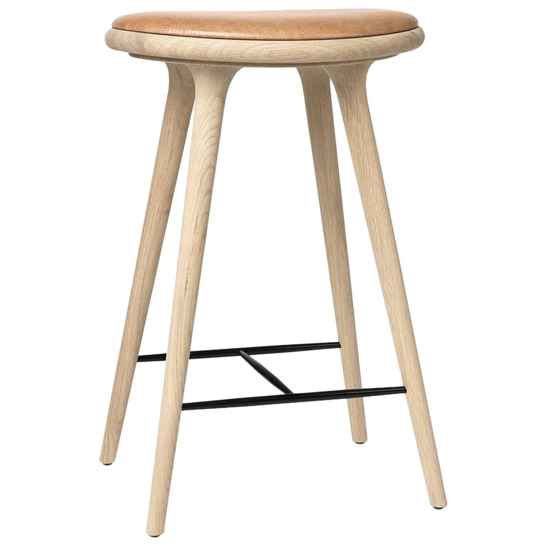 Counter Height High Stool, Natural Soap Oak Wood Leather Seat by Mater Design