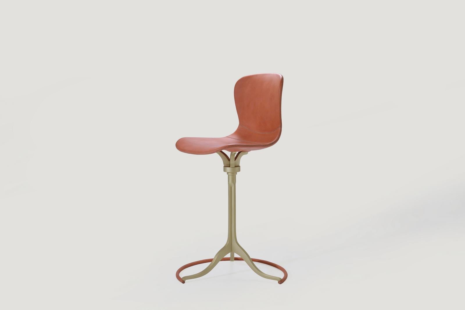 Model: PT471 Counter-height chair + swivel + ring
Seat: leather
Seat color: Vieux Rose
Base: PT471 sand cast brass
Base finish: Golden sand
Dimensions: W 55 x D 52 x H 101  Seat H 67 cm
W 21.65 x D 20.27 x H 39.76  Seat H 26.38 in

Handmade,
