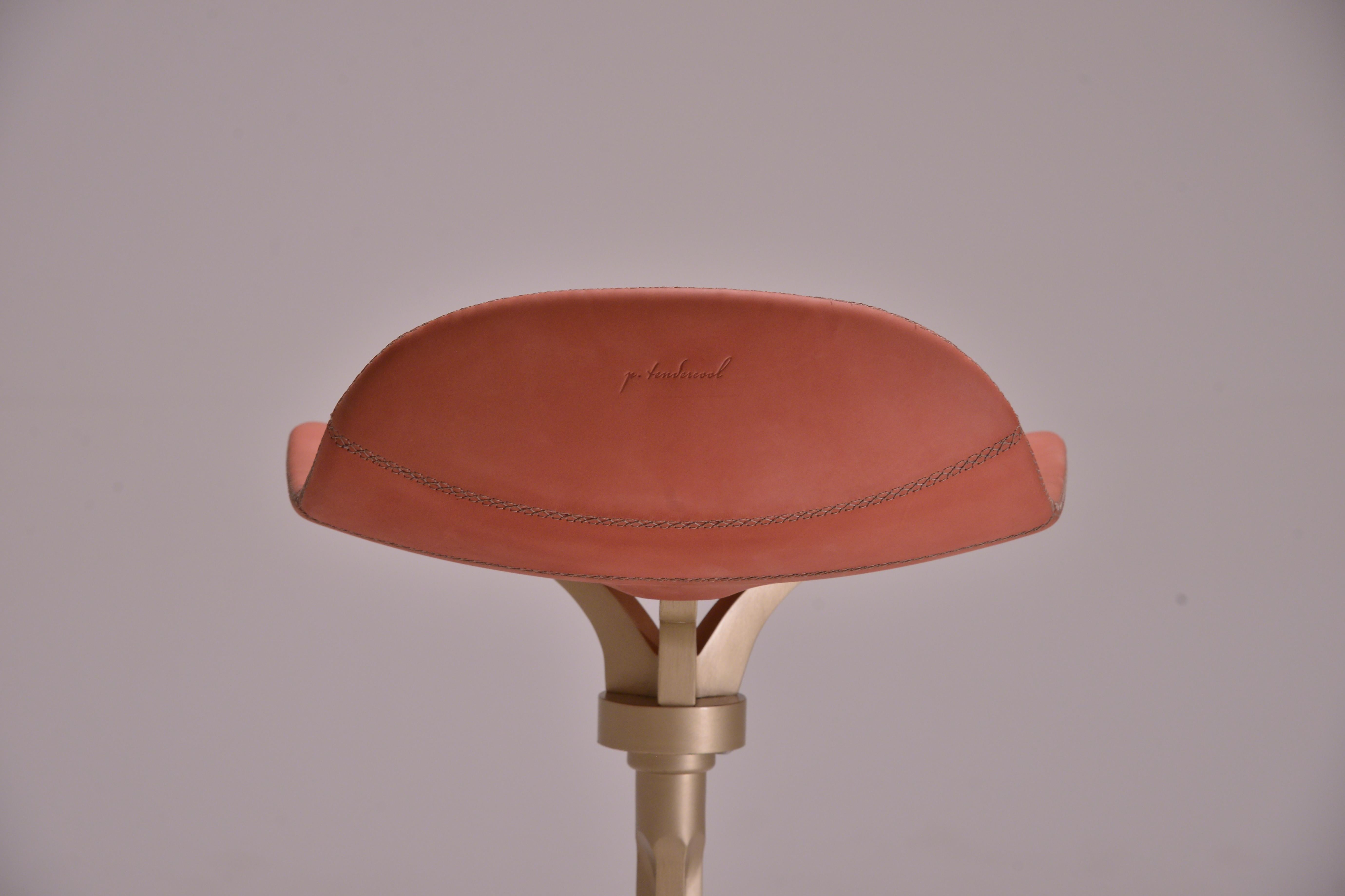 Model: PT481 Counter-height stool + swivel + ring
Seat: leather
Seat color: Vieux Rose (Pink)
Base: PT481 sand cast brass
Base finish: Golden sand
Dimensions: W 55 x D 52 x H 80  Seat H 67 cm
W 21.65 x D 20.27 x H 31.49  Seat H 26.38 in

Handmade,