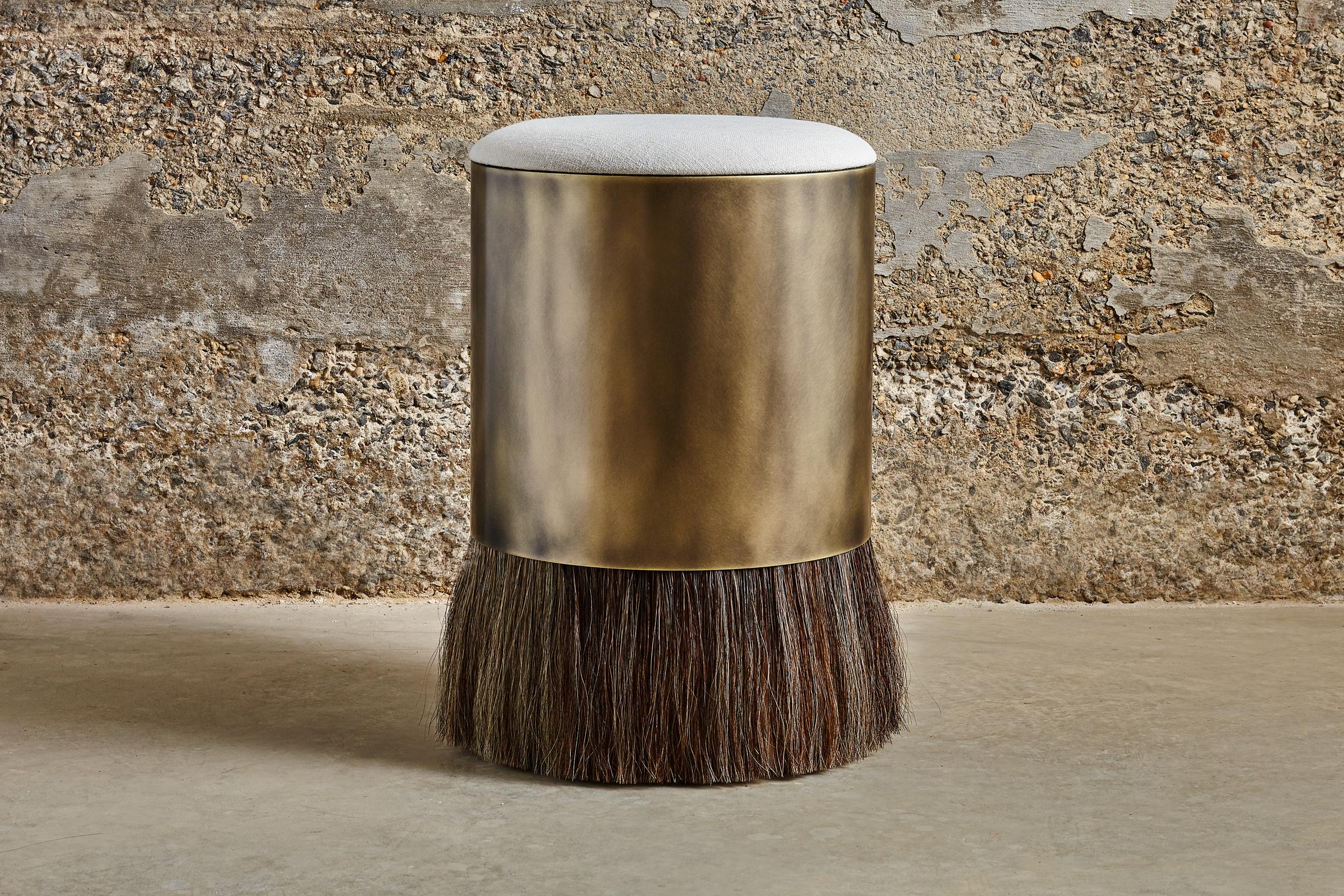 The counter height thing 4 stool features a luxuriously upholstered top, a plated steel drum and horse hair. Refined yet wild, Thing 4's unique personality is accentuated with a distinctive combination of contrasting materials. A variety of horse