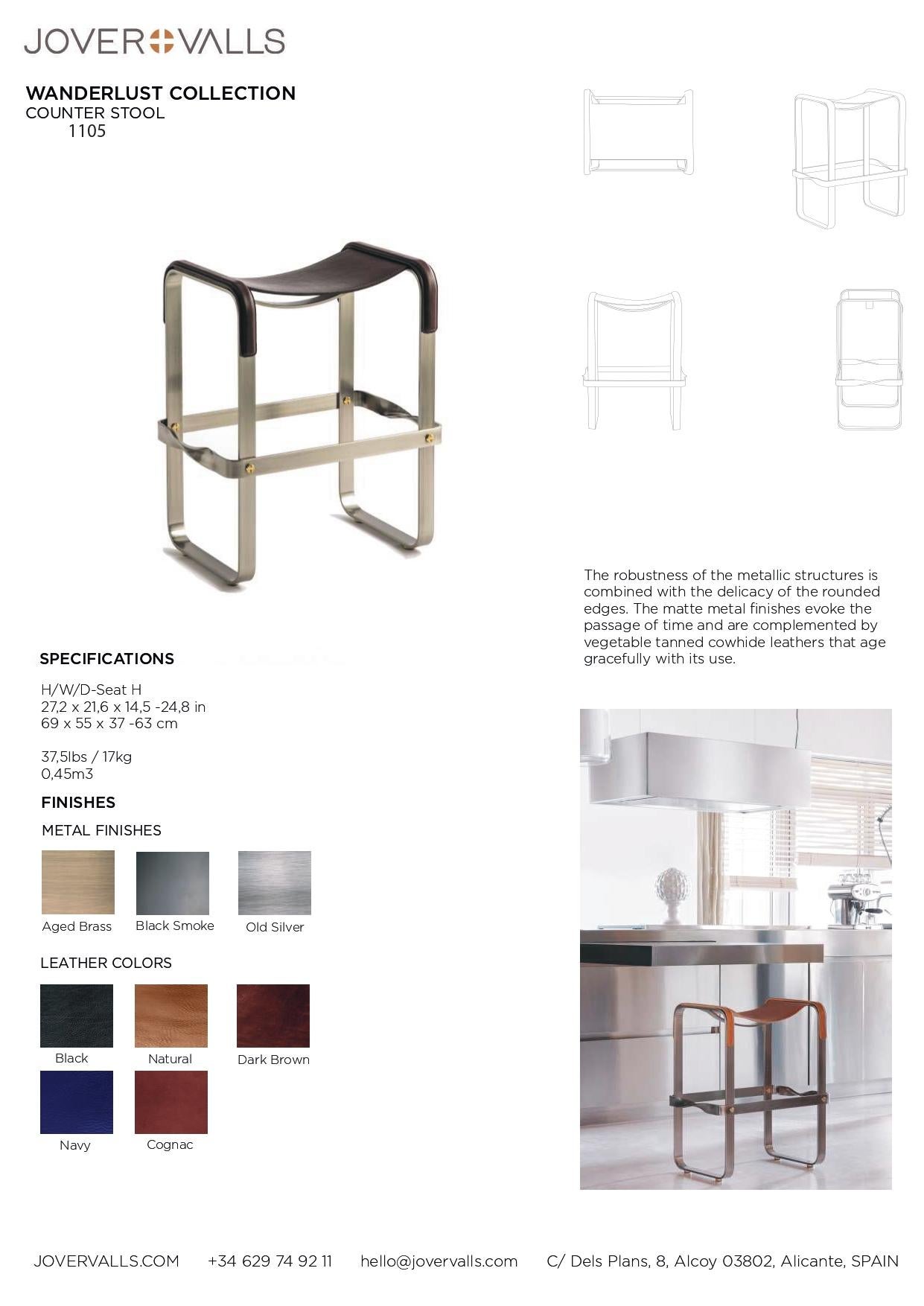 Steel Contemporary Kitchen Counter Barstool, Aged Brass Metal & Cognac Leather For Sale