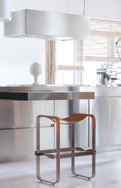 Contemporary Kitchen Counter Barstool, Aged Brass Metal & Cognac Leather