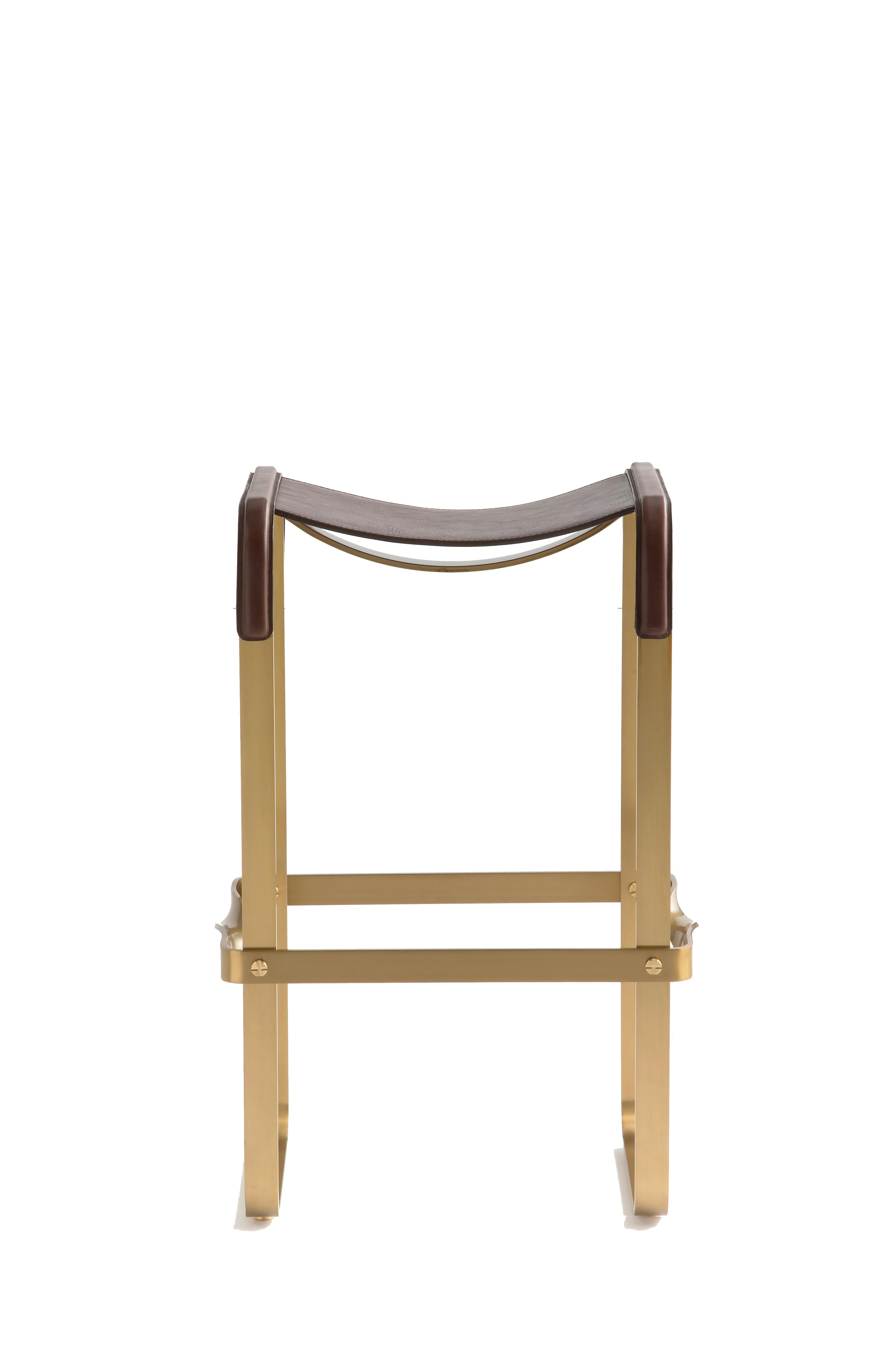 Modern Contemporary Kitchen Counter Bar Stool Aged Brass steel & Dark Brown Leather For Sale