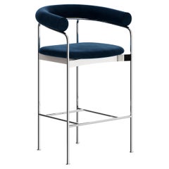 Counter Stool 'BAIA' by Kensaku Oshiro x DK3, Chrome Frame, Blue Fabric