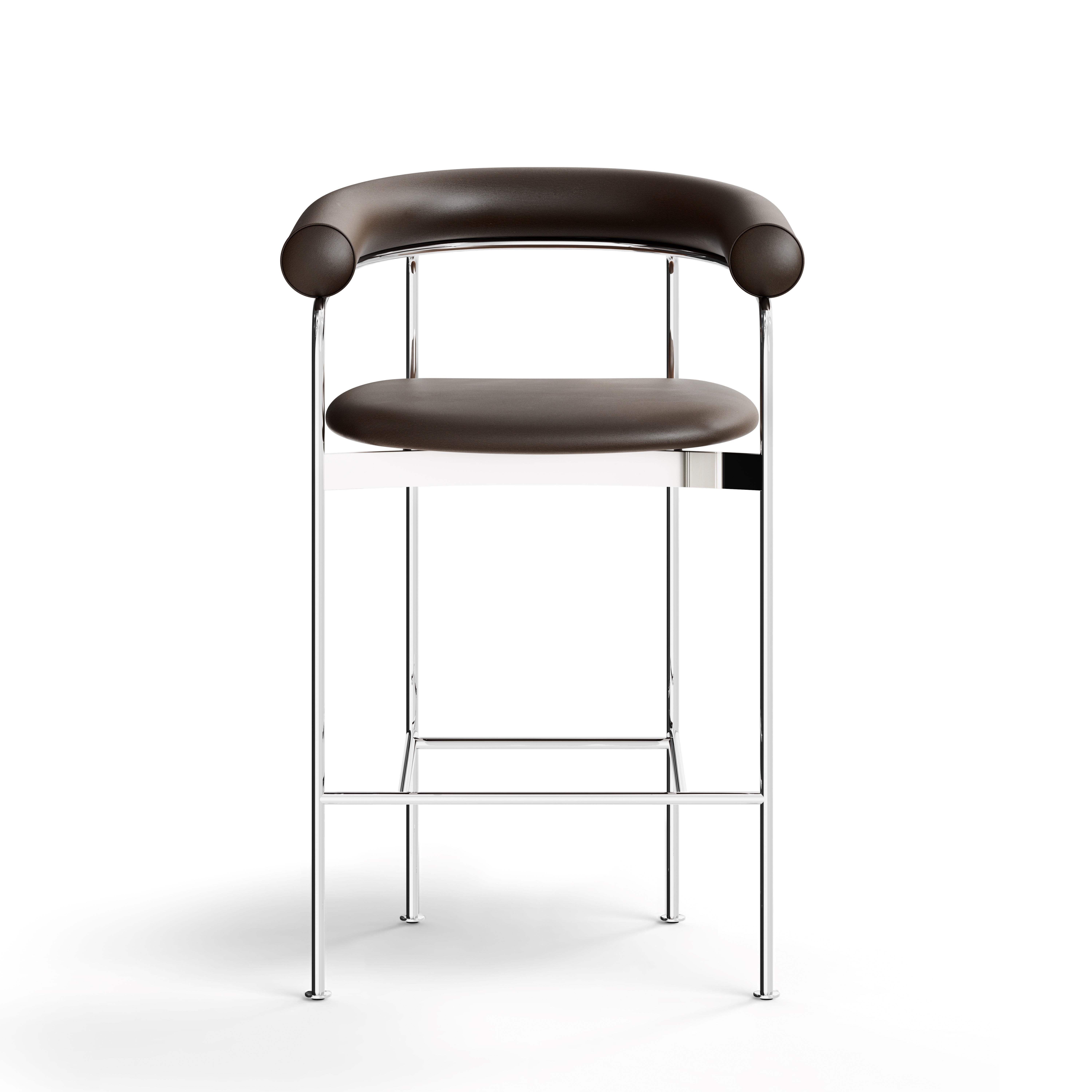 Scandinave moderne Tabouret de comptoir 'BAIA' par Kensaku Oshiro x DK3, châssis chromé, cuir Brown en vente