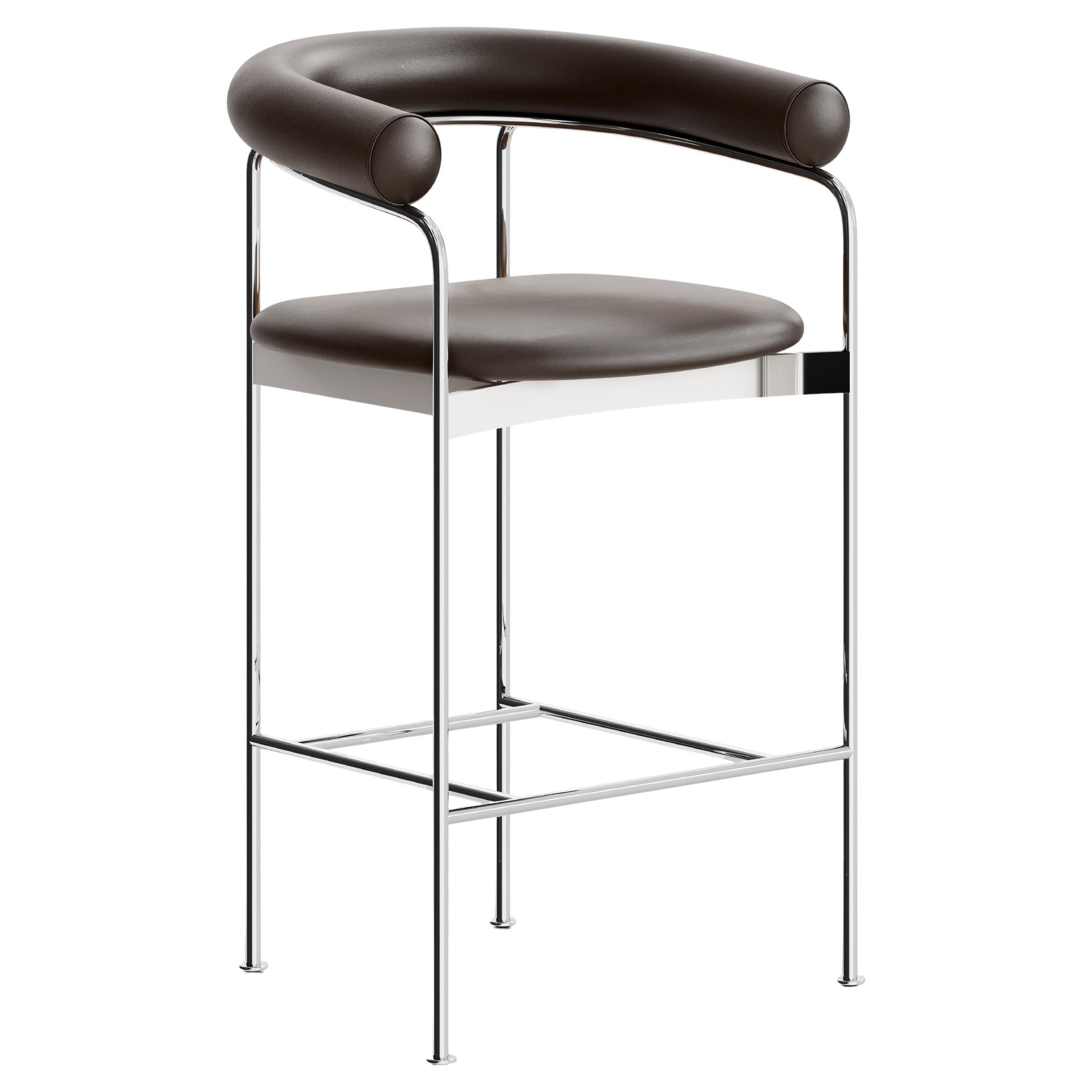 Counter Stool 'BAIA' by Kensaku Oshiro x DK3, Chrome Frame, Brown Leather