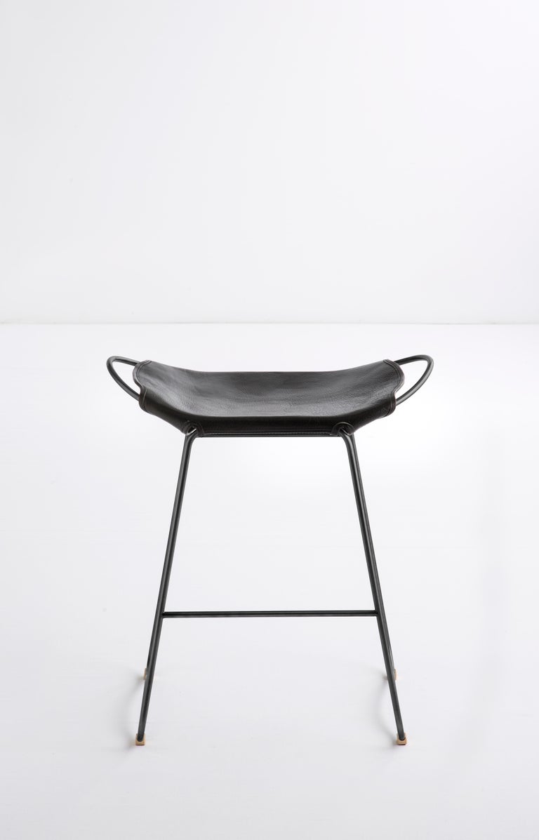 Modern Kitchen Counter Stool Black Smoke Steel & Black Leather, Contemporary Style For Sale