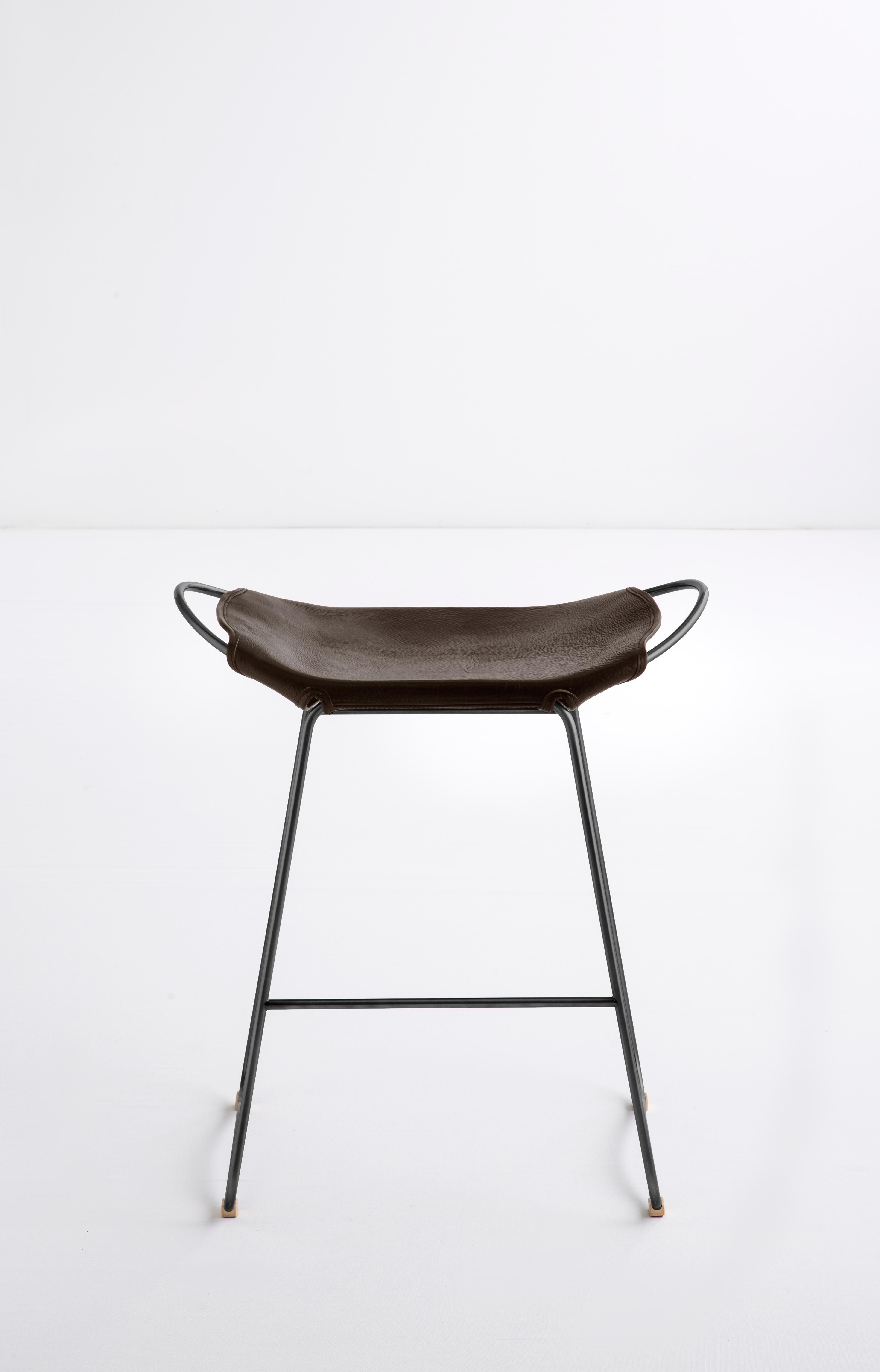 Modern Contemporary Kitchen Counter Bar Stool Black Smoke Metal & Dark Brown Leather For Sale