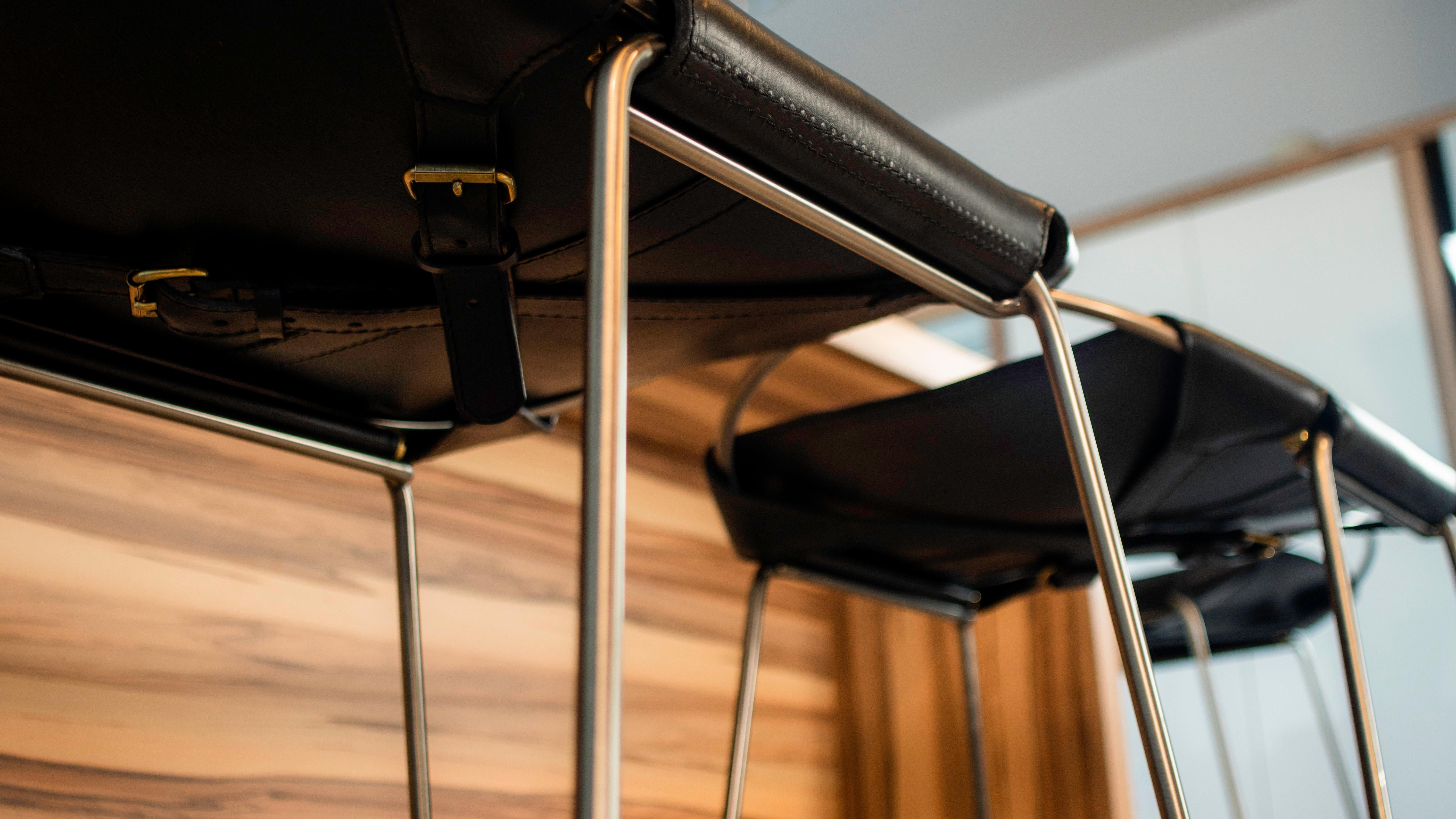 Organic Contemporary Kitchen Counter Bar Stool Black Steel & Navy Blue Leather For Sale 5