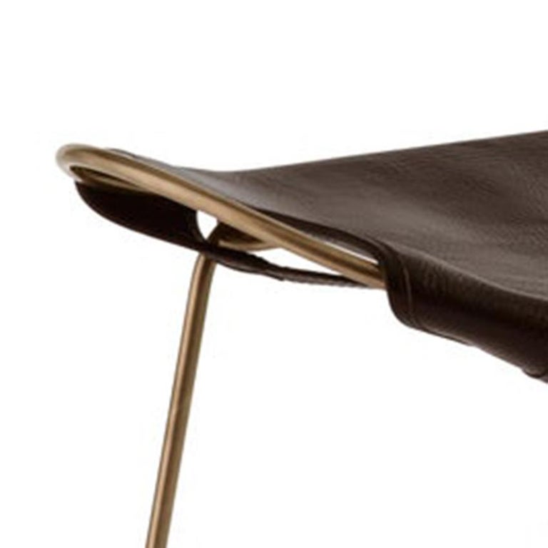 Kitchen Counter Stool Brass Steel and Dark Brown Leather Contemporary