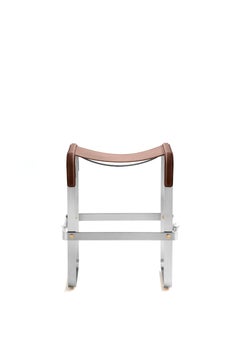 Sgabello da banco classico contemporaneo in metallo argento vecchio e pelle marrone scuro