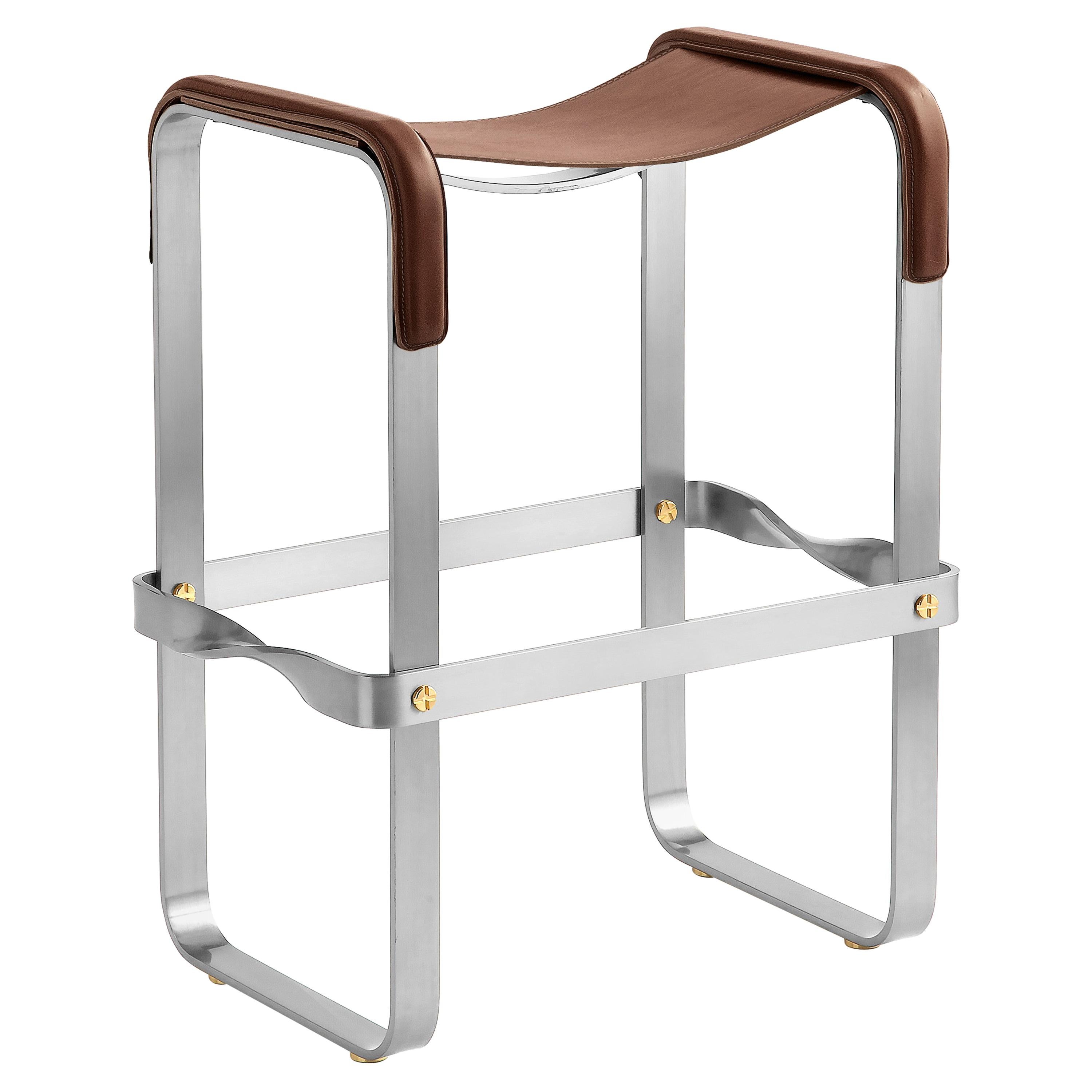Contemporary Classic Counter Bar Stool Old Silver Metal & Dark Brown Leather For Sale