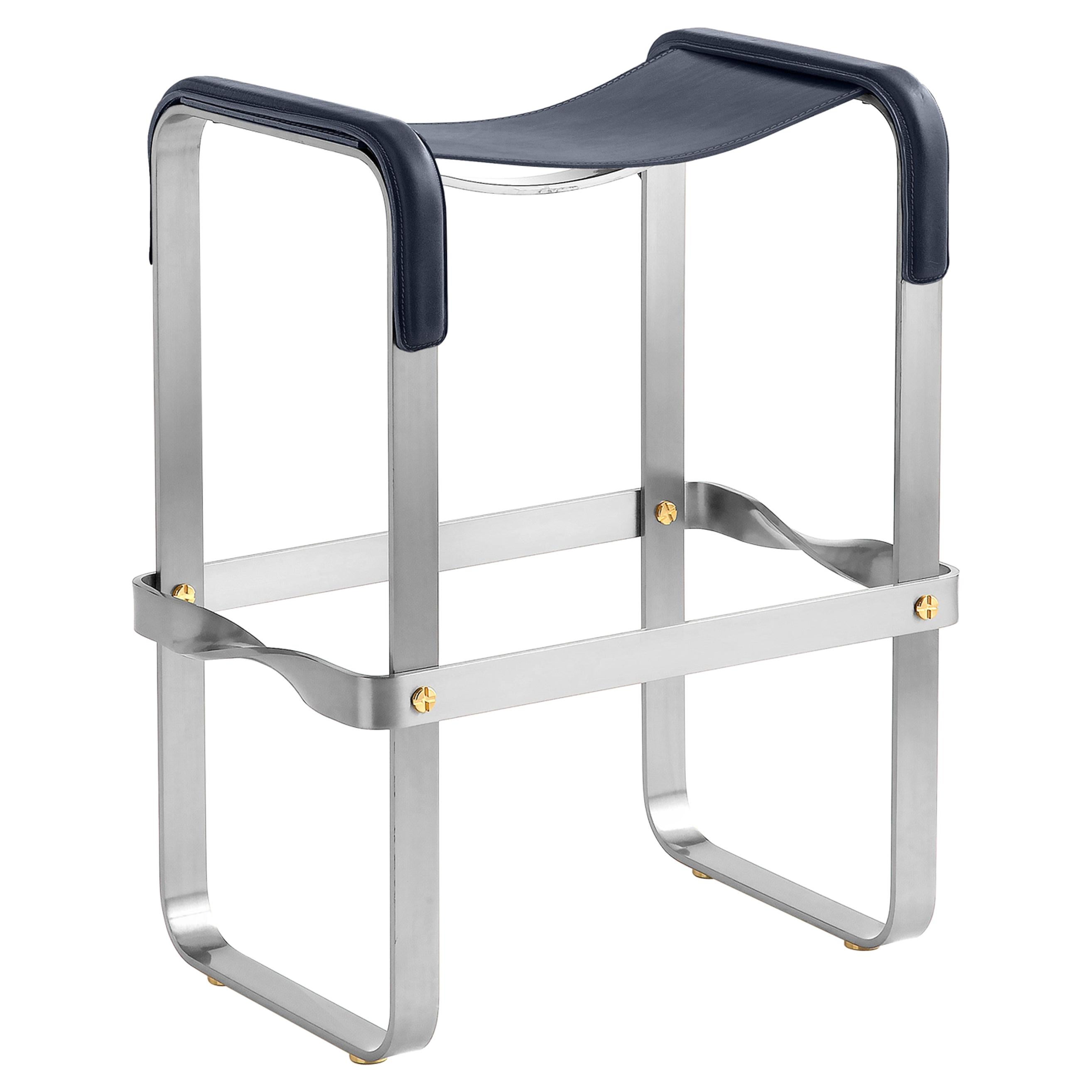 Contemporary Minimal Counter Bar Stool Old Silver Metal & Navy Blue Leather