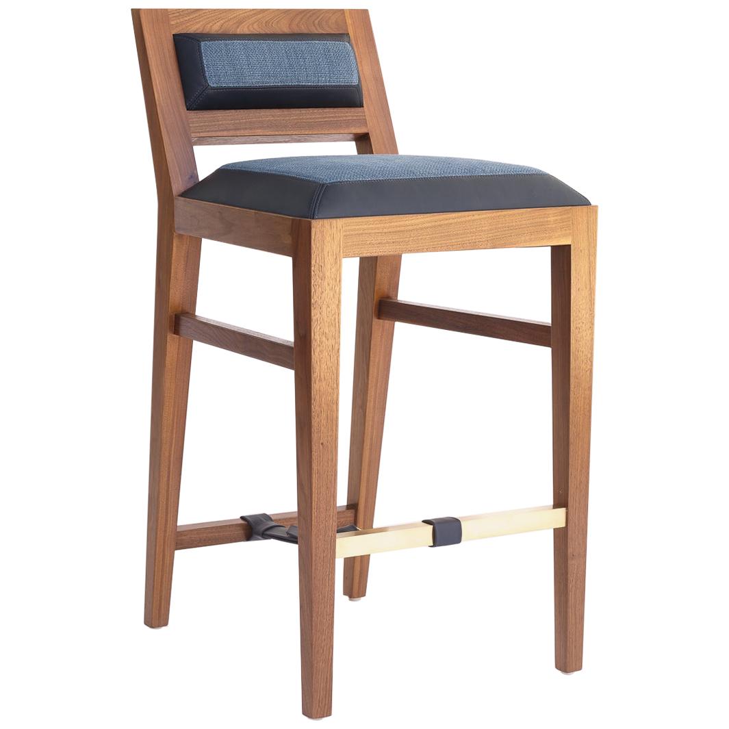 Bauhaus Counter Stool in Bleached Solid Walnut with Leather and Fabric Upholstered Seat For Sale