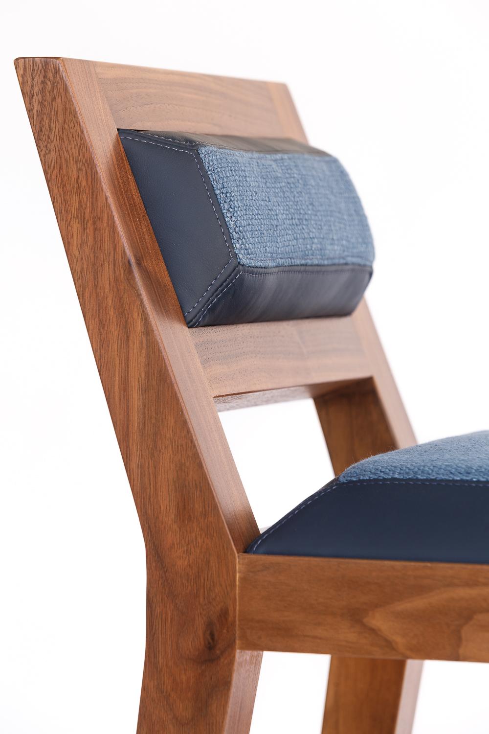 Contemporary Counter Stool in Solid Walnut with Leather and Fabric Upholstered Seat For Sale