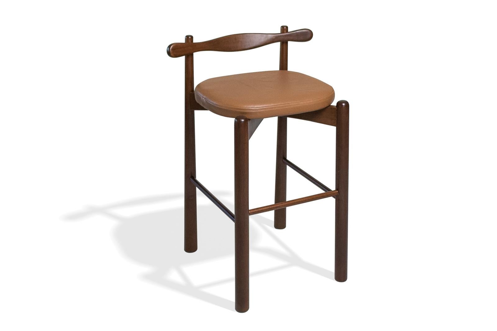 Counter Stool Uçá, Dark Brown Wood (fabric ref : F08) In New Condition For Sale In São Paulo, BR