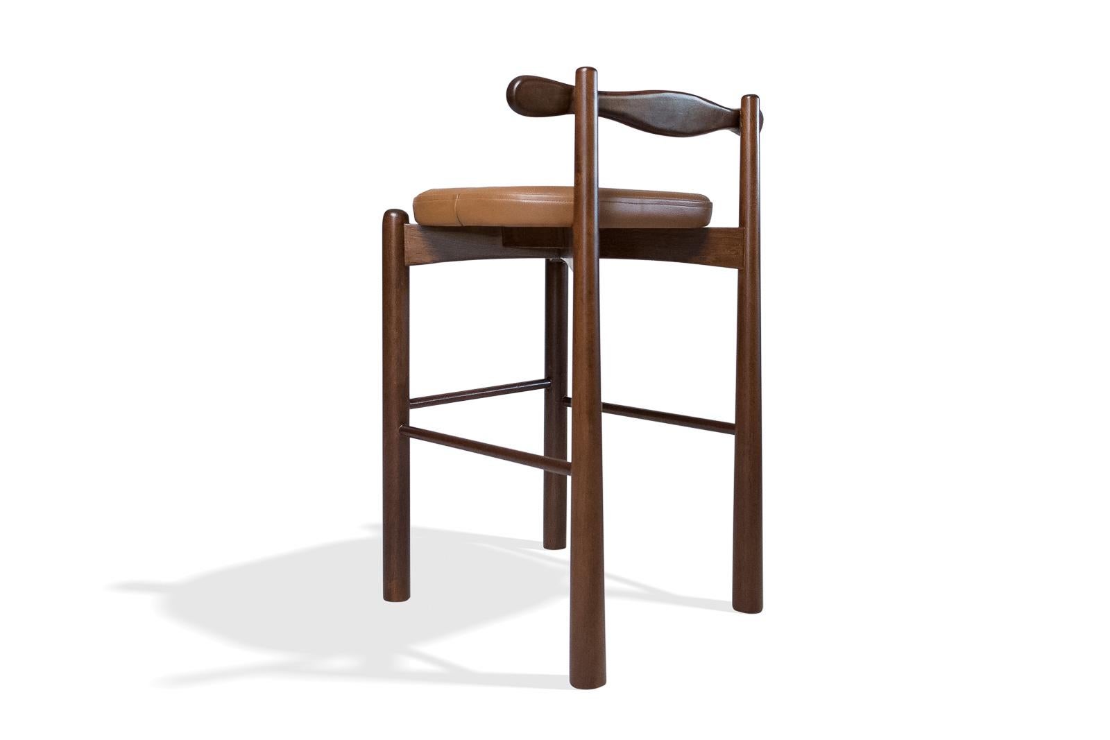 Contemporary Counter Stool Uçá, Dark Brown Wood (fabric ref : F08) For Sale