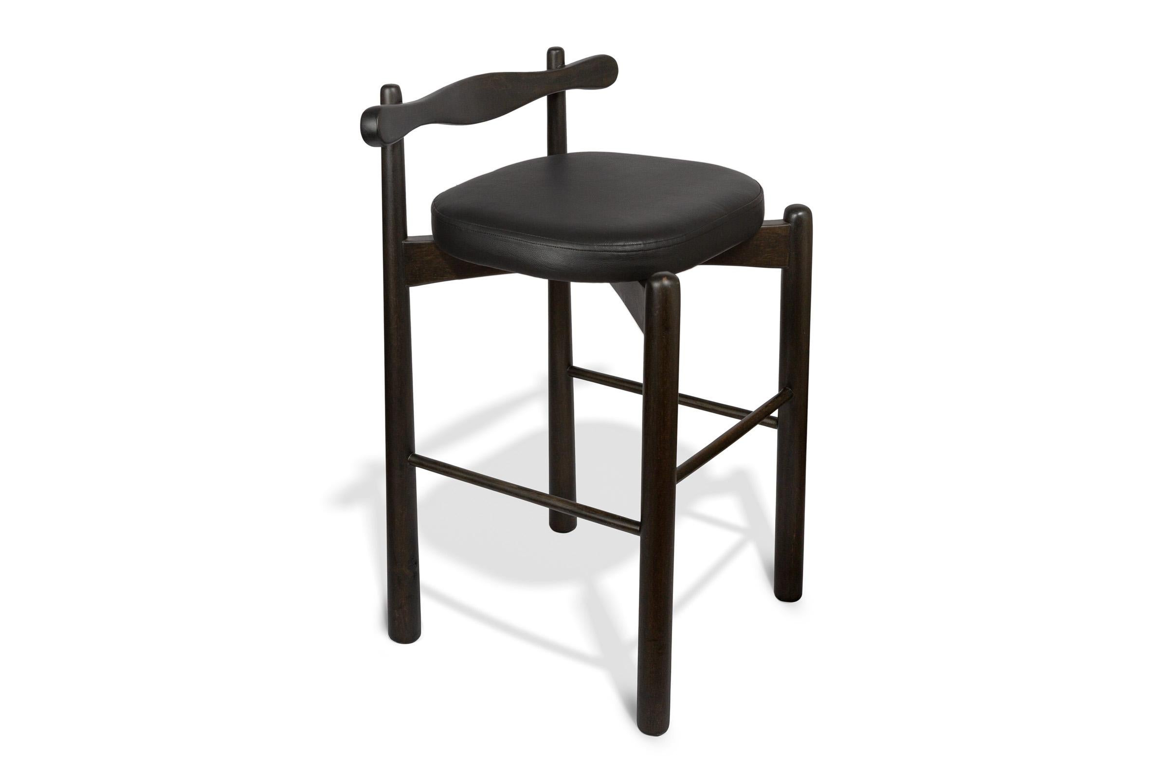 Counter Stool Uçá, Ebony Finish Wood (fabric ref : F07) In New Condition For Sale In São Paulo, BR