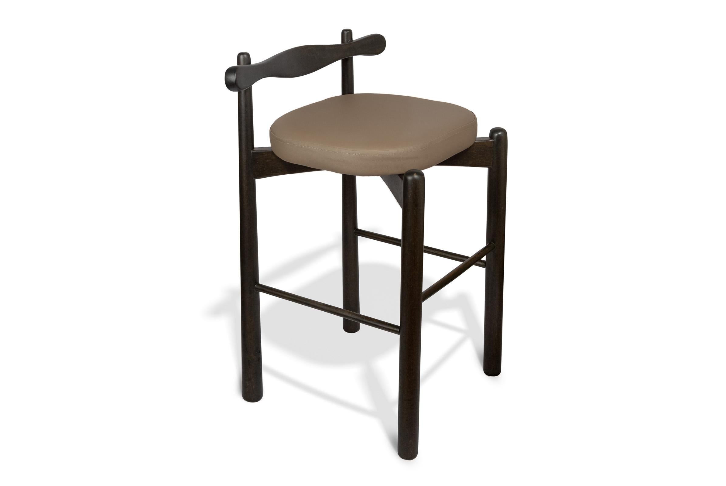 Counter Stool Uçá, Ebony Finish Wood (fabric ref : F04) In New Condition For Sale In São Paulo, BR