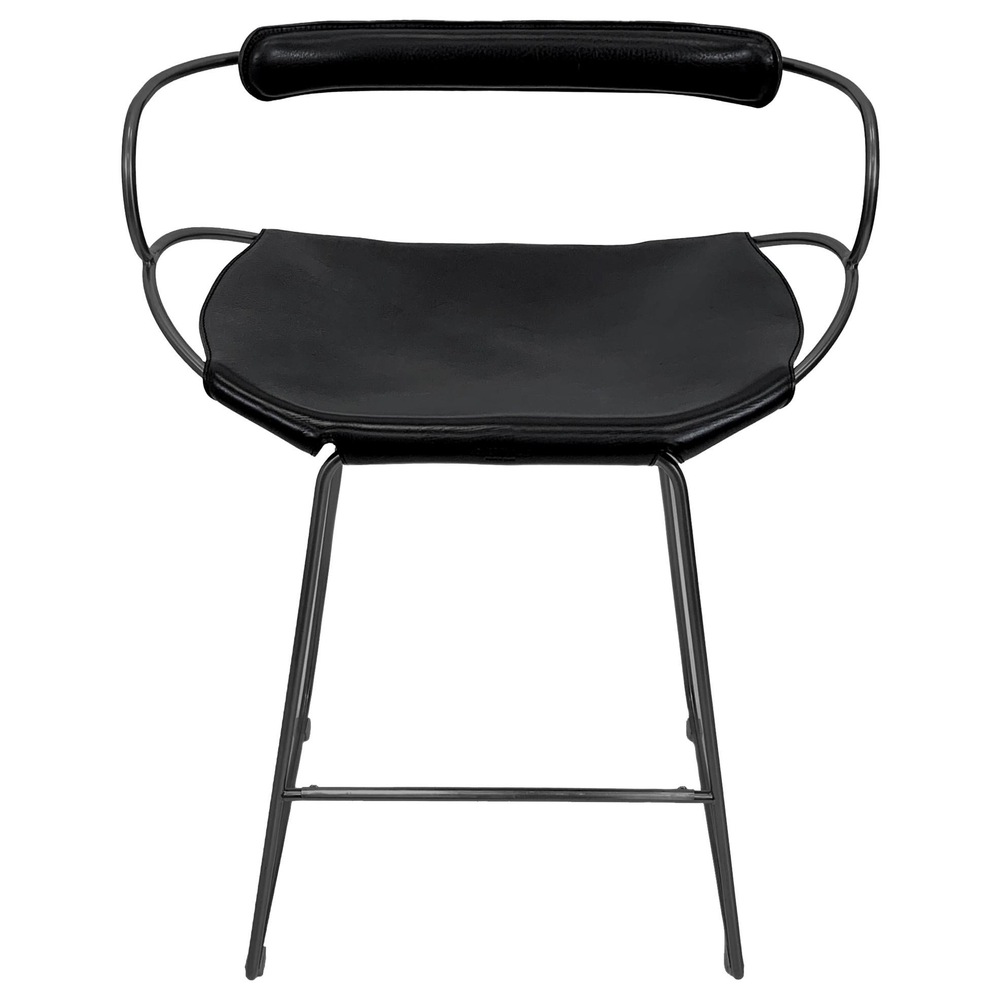 Contemporary Kitchen Counter Bar Stool Backrest Black Smoke Steel Black Leather For Sale