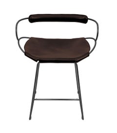 Kitchen Counter Bar Stool w. Backrest Black Smoke Metal & Dark Brown Leather