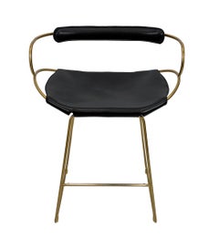 Kitchen Counter Stool with Backrest Brass Steel and Black Saddle Leather