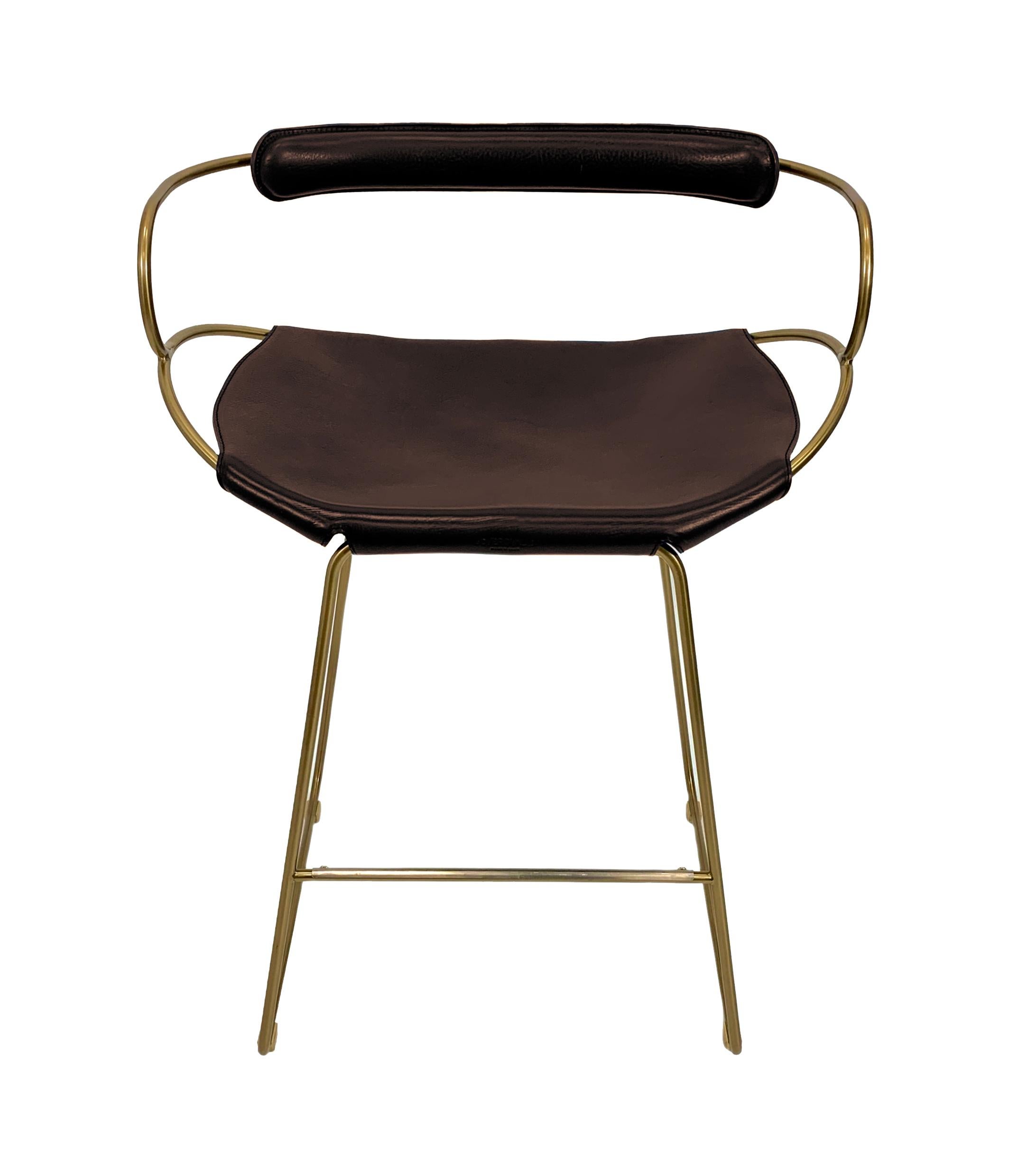 Sculptural Kitchen Counter Bar Stool w Backrest Brass Metal & Dark Brown Leather For Sale