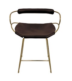 Kitchen Counter Stool with Backrest Brass Steel and Dark Brown Saddle Leather