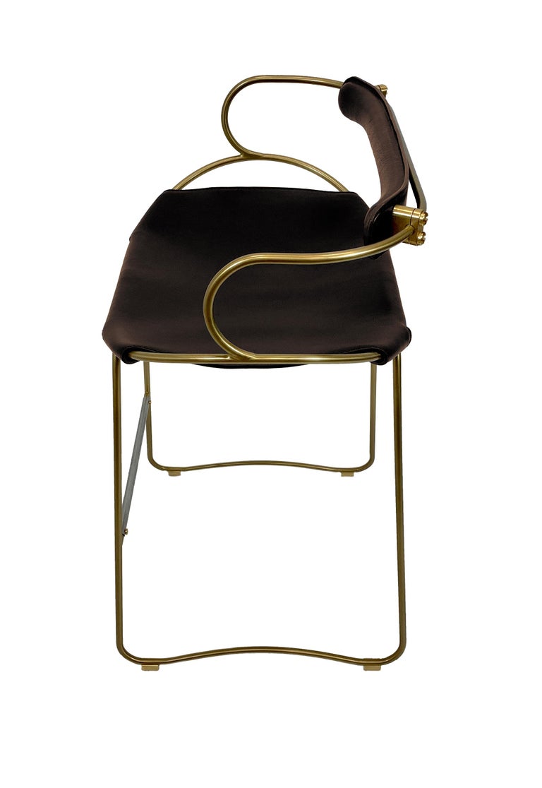 Sculptural Kitchen Counter Bar Stool w Backrest Brass Metal and Dark Brown Leather For Sale at