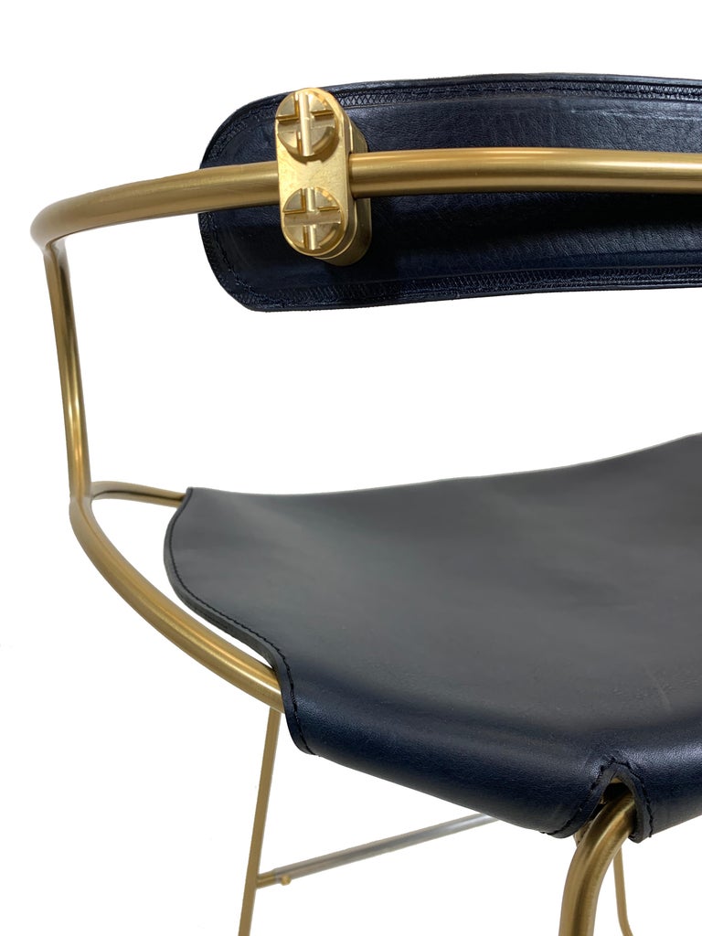 Kitchen Counter Stool w. Backrest Brass Steel and Navy Leather Modern