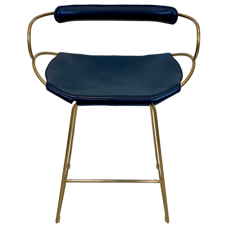 Kitchen Counter Stool w. Backrest Brass Steel and Navy Leather Modern