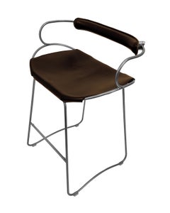 Kitchen Counter Barstool w. Backrest Old Silver Metal & Dark Brown Leather